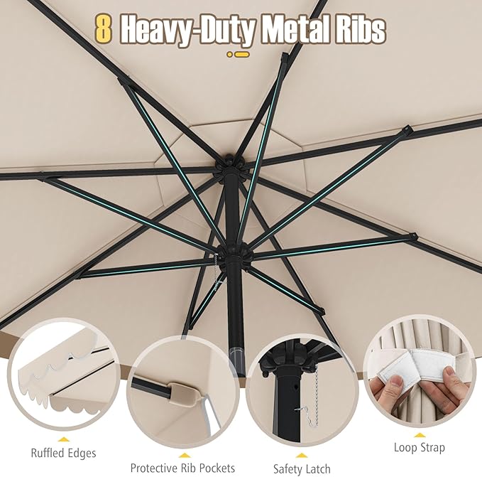 Tangkula 10 FT Patio Umbrella, 2-Tiers Scalloped Outdoor Table Market Umbrella with Tilt Adjustment, Crank, 8 Sturdy Ribs for Pool, Deck, Backyard (Beige)