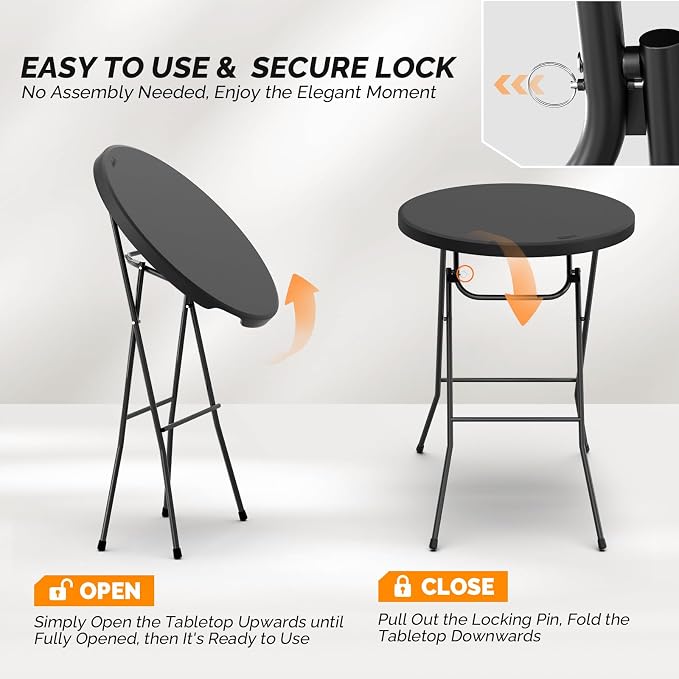 Bonnlo 32" Cocktail Table High Top Table, Folding Round Table Bar Height, HDPE Matrial with Gray Metal Finish for Outdoor Party, Backyard, Dining Room, Wedding Event,Black- 4PCS