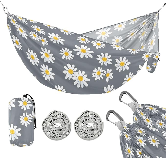 Camping Hammock Outdoor Hammocks for Outside Daisy Gray Beach Trees Portable Lightweight with Pockets Tree Straps Indoor Small