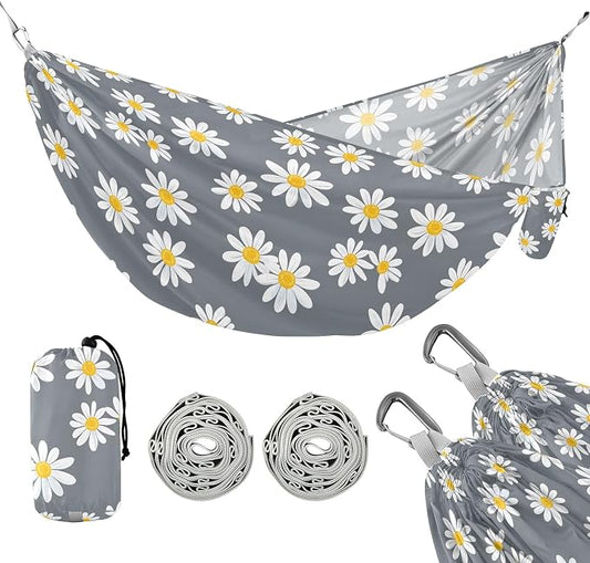 Camping Hammock Outdoor Hammocks for Outside Daisy Gray Beach Trees Portable Lightweight with Pockets Tree Straps Indoor Small