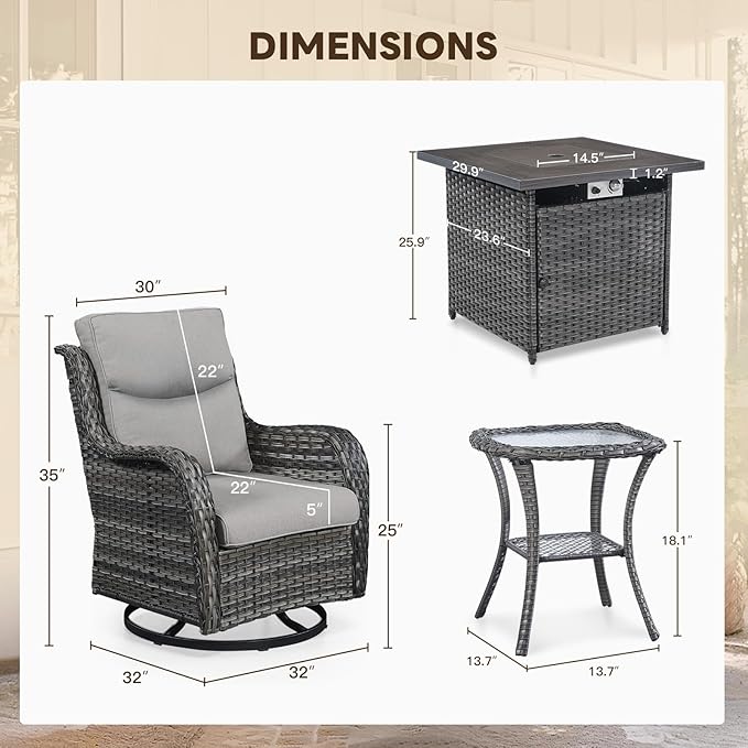 Patio Luxury Conversation Set - 6PCS Resin Wicker Swivel Chairs, 4 Chairs With Rattan Side Table and 30in Square Fire Table - Grey Wicker|Grey Cushions