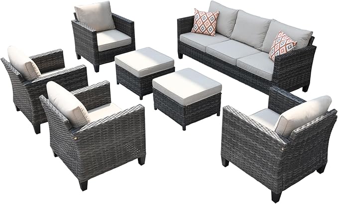 HOOOWOOO 7-Piece Patio Furniture Set–Stylish,Comfortable Outdoor Rattan Sofa Set with 4 Chairs,2 Ottoamns,Weather-Resistant Patio Conversation Set for Deck,Garden,Balcony (Beige)