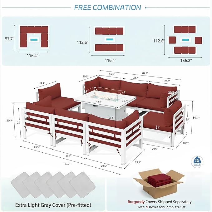 NICESOUL 9 Pcs Extra Large Modern Aluminum Outdoor Sofa with Fire Pit Table, 29" Deep Wide Seat, 500 lbs Durable Sectional Set for Heavy People, Water Resistant Patio Furniture Set for Backyard, Red