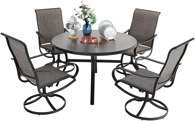 PHI VILLA 5 Piece Outdoor Patio Dining Set with Large Round Table, 4 Swivel Patio Dining Chairs with Metal Frame and Textilene Fabric, 44" Dia Wood-Like Metal Dining Table