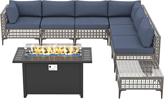 Patiorama 8 Piece Wicker Patio Furniture Set with 45” Fire Pit Table, Metal-Colored PE Rattan Outdoor Sectional Sofa, 50000 BTU Propane Fire Pit w/Wind Guard,Cover,Water Resistant Cushion-Denim Blue