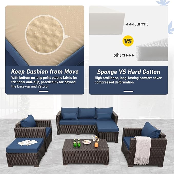 6 Pieces Patio Outdoor Furniture Conversation Sets Patio Wicker Sofa Set with Outdoor Couch Patio Chairs and Storage Table Non-Slip Cushions Waterproof Covers, Navy Blue