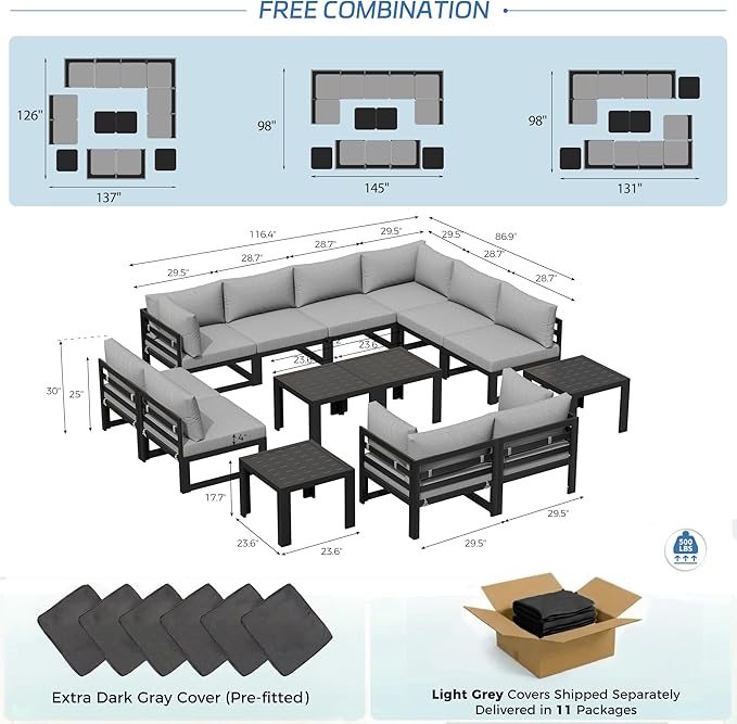 NICESOUL 14 Piece Modern Aluminum Outdoor Patio Furniture Set with Coffee Table, Extra Large L Shaped Modular Sectional Couch, 29" Wide Deep Seating Conversation Sofa for Terrace Exterior, Light Gray