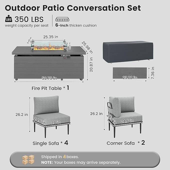 Metal Patio Furniture Set, 7 Pieces Outdoor Sectional Couch Sets with Fire Pit Table, 6" Thick Cushion Outdoor Corner Sofa Set for Deck, Patio & Courtyard (Gray/Green)