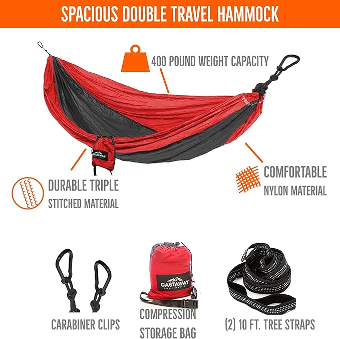 Castaway Living Travel Camping Hammock with Space Saving Stand & Storage Bag with an 400 LB Weight Capacity - Red/Charcoal