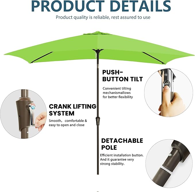 6.5x10FT Rectangular Patio Umbrella with Push Button Tilt & Crank Lift for Garden,UV Protection Outdoor Umbrella for Deck,Pool and Yard,Lime