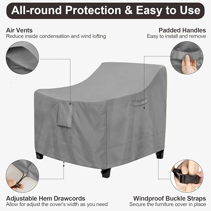 PureFit Outdoor Chair Covers Waterproof 2 Pack Patio Furniture Lawn Chair Covers for Outdoor Furniture with Air Vent and Padded Handles, Fits up to 32W x 37D x 36H Inches, Gray
