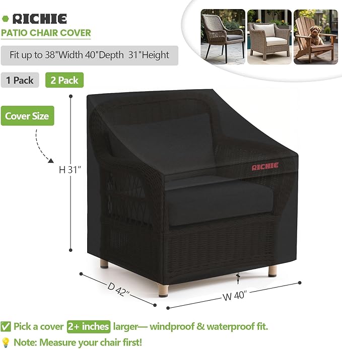 RICHIE Patio Chair Covers Waterproof, 600D Oxford Fabric Lounge Deep Seat Outdoor Furniture Covers with Air Vents, Fits 38"W x 40"D x 31"H (Black，2 Pack)