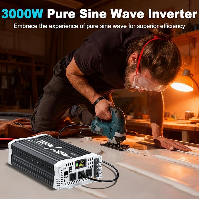 3000 watt Pure sine Wave Inverter, 12V DC to 110V AC Power Inverter, with 3 AC Output sockets, USB Port, Type-C Port, Remote Control with LCD Screen, Used for Solar Emergency Power Supply in RV Homes