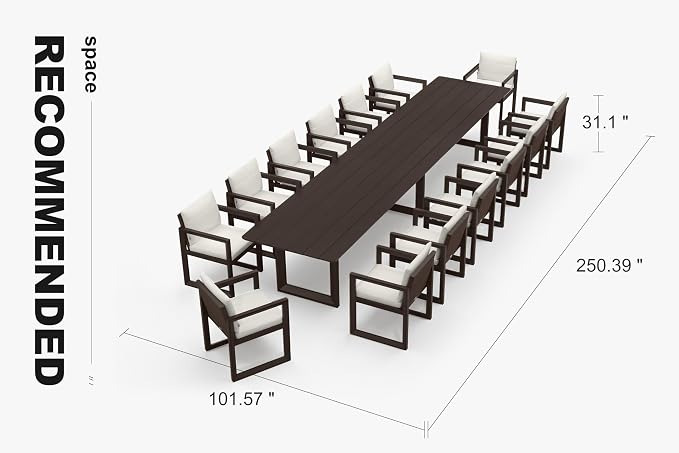 PURPLE LEAF Outdoor Dining Set for 14 Aluminum Extra Long Patio Furniture Table and Chairs Set with All Weather Thick Cushion Rectangular Patio Dining Sets for Huge Backyard Garden Poolside, Bronze