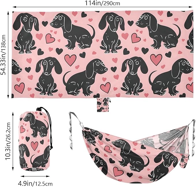 Portable Single Hammock Black Dachshund Dogs and Love Heart Garden Yard Outdoor Hammocks
