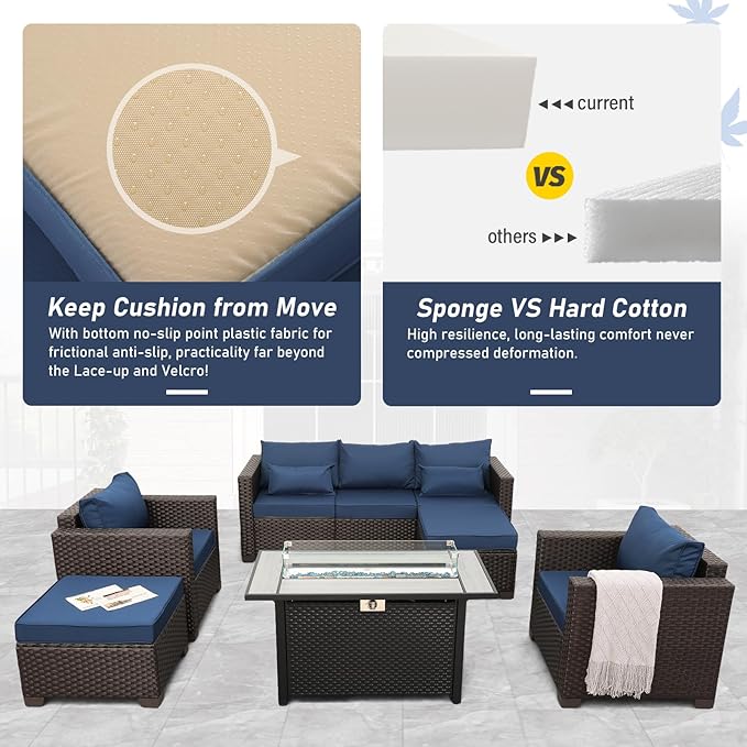 6-Piece Patio Furniture Set Outdoor Furniture Set with 45'' Propane Gas Fire Pit Table Outdoor Conversation Set Wicker Sofa Set Non-Slip Cushions Waterproof Covers, Navy Blue