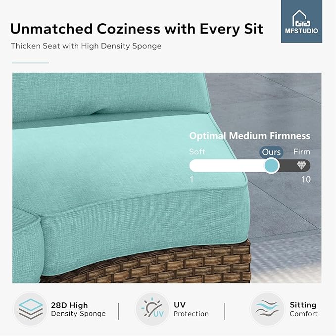 MFSTUDIO 9 Piece Extra Large Wicker Patio Furniture Set with 56" Fire Pit Table, All-Weather PE Rattan Patio Sectional Sofa Conversation Set with 50000 BTU Fire Pit Table & Aqua Blue Cushion