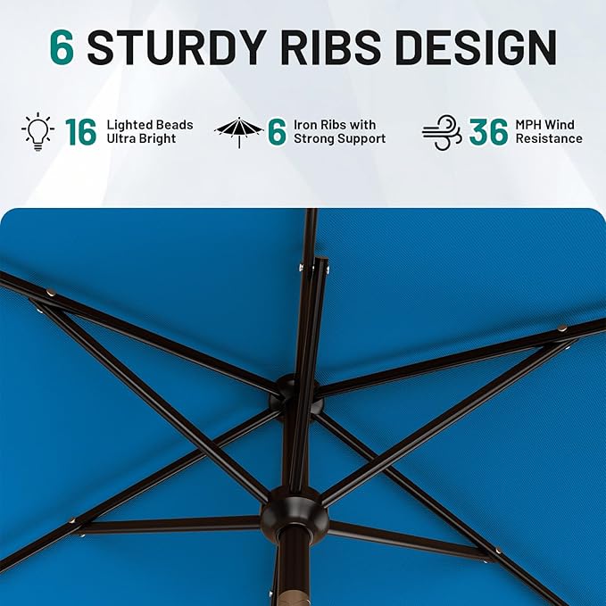 AreShark 6.5' x 10' Rectangular Patio Umbrella with Solar Lights, Solar Powered Lighted Market Umbrella w/Tilt and Crank, Outdoor Table Umbrella for Garden, Deck, Backyard, Pool and Beach, Royal Blue
