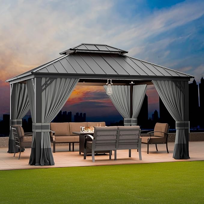 12' x 14' Hardtop Gazebo,Outdoor Permanent Pavilion Double Galvanized Steel Roof Pergola with Nettings and Curtains,Patio Sunshade Gazebos for Patio Lawns Backyard Deck,Grey