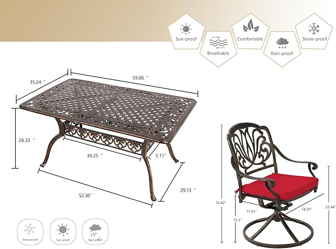 Grepatio 7 Piece Patio Dining Set Outdoor Cast Aluminum Furniture Set with 4 Chairs 2 Swivel Chairs and Umbrella Hole Table for Backyard Garden Poolside with 6 Cushion (Red)