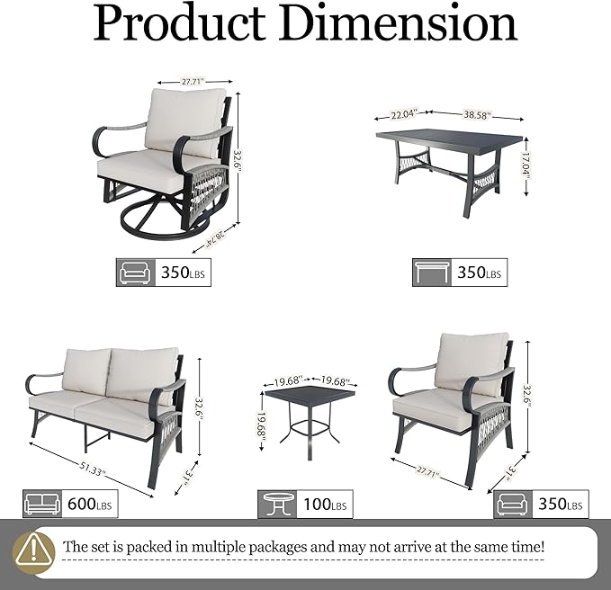 7 Pieces Patio Conversation Sets, All-Weather Metal Swivel Rocking Chairs with Rope Furniture Set, Outdoor Sofa Couch for Deck, Porch, Garden, Backyard, Poolside (Beige Cushions)