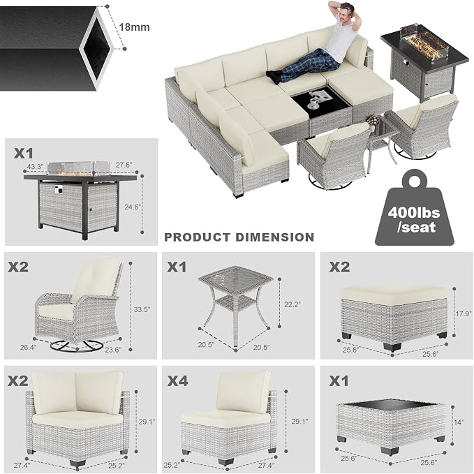 13-Piece Patio Furniture Set, Outdoor Patio Furniture with Swivel Chairs Set, Ottomans, 55,000 BTU Fire Pit Table, Modular Patio Sofa, Dual-Strand Wicker Rattan, Rust-Resistant Frame, Ivory