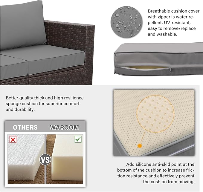 WAROOM Patio Furniture Set 4 Piece Conversation Sets Brown Rattan Outdoor Couch Loveseat Wicker Sectional Sofa with Storage Box Glass Top Table, Grey Cushion
