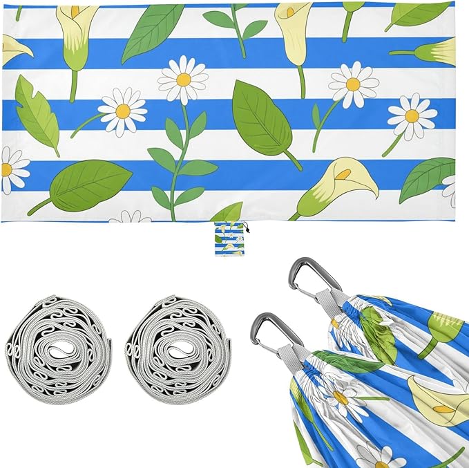 Blue White Striped Calla Lily Daisy Flower 330lb Capacity Outdoor Hammock Indoor Hammock for Patio Backyard Lounge Base Base de hamaca para adultos