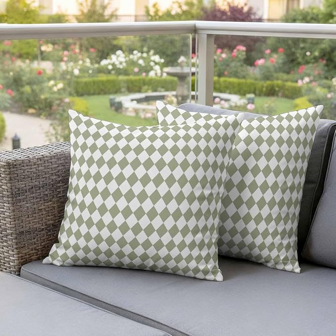 Outdoor Throw Pillow Cover Modern Sage Green White Check Waterproof Cushion Covers 2 Pack Abstract Buffalo Plaid Pillow Cases Home Decoration for Patio Garden Couch Sofa