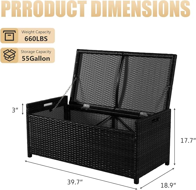 PROHIKER 2-in-1 Wicker Deck Box Bench, All-Weather 55 Gallon Outdoor Storage Box with Cushions and Waterproof Bag, Rattan Storage Bench for Pool Tools, Outdoor Equipments and Garden Tools, Black/Beige