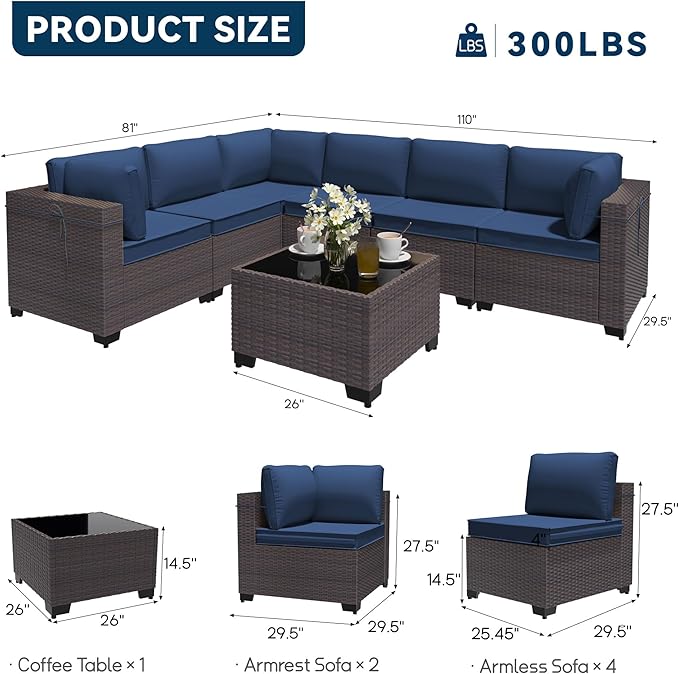 Patio Furniture Set 7 Pieces Outdoor Sectional Sofa Set,All Weather Wicker Patio Sofa PE Rattan Patio Conversation Set w/Cushions and Glass Coffee Table,NavyBlue