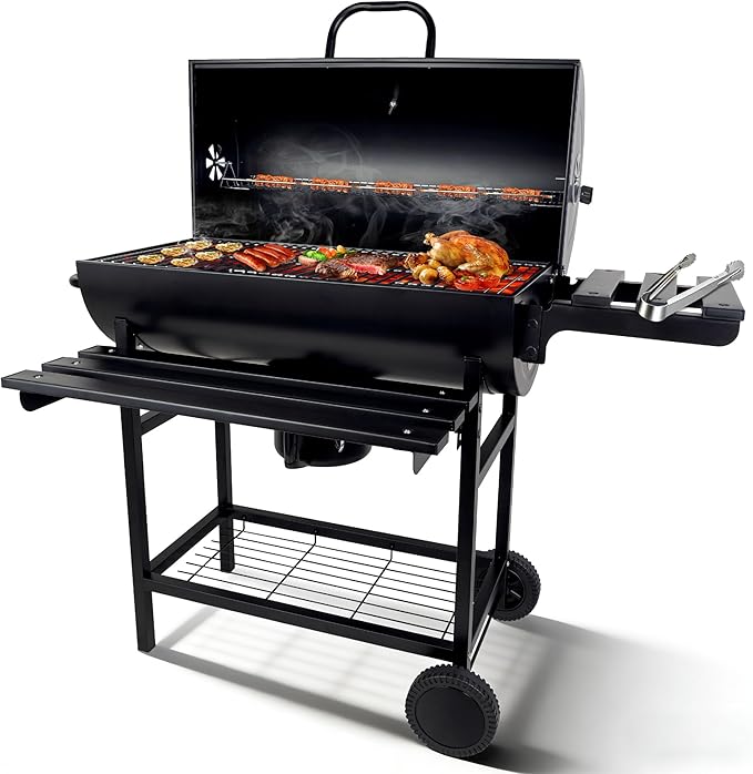 Charcoal Grill with Lid, 27" Outdoor BBQ Grill with Thermometer, Side Shelves, Wheels & Ash Catcher, Large Barrel Charcoal Smoker for Backyard, Camping & Outdoor Cooking