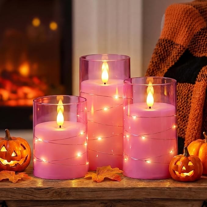 Homemory Flameless Pink Candles with Embedded Star String Fairy Lights, Battery Operated Candles, LED Candle, Fake Candles with Remote Control and Timer, Set of 3(H 4" 5" 6”)