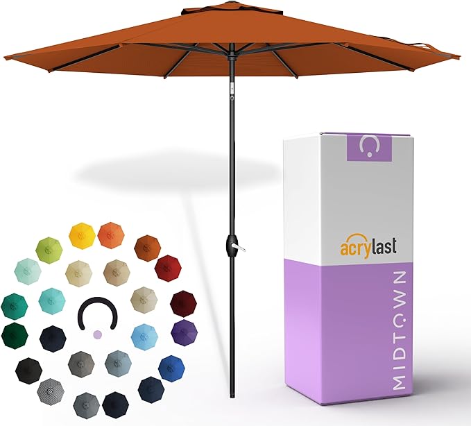 Midtown Umbrellas – The Lean 8 Ft Patio Umbrella with 10-Year-No-Fade Acrylast Acrylic Fabric, Auto-Tilt and 8 Reinforced Ribs for Deck, Pool, Garden, Hotel & Cafes – Sienna Rust Canopy, Black Pole