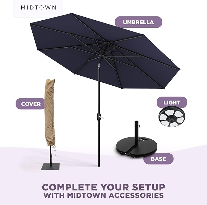 Midtown Umbrellas - 10-Year-No-Fade 8 Ft Patio Umbrella with Terylast Fabric, Auto-Tilt Aluminum Frame and 8 Reinforced Ribs for Deck, Pool, Garden & Beach - Navy Blue Canopy, Black Pole