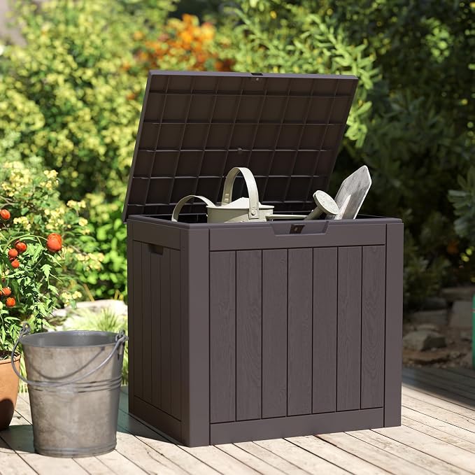 Deck Box with 31 Gallon Capacity, Weatherproof Resin Lockable Outdoor Storage for Secure Package Deliveries and Indoor Storage in Garden or Patio for Porch Backyard Garden (Brown)
