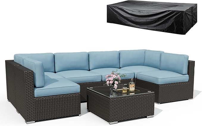 8 Pieces Outdoor Patio Furniture Set with Waterproof Cover, Black Brown Wicker Patio Sectional Sofa Set, Outdoor Couch with Cushion and Tempered Glass Table, Sky Blue