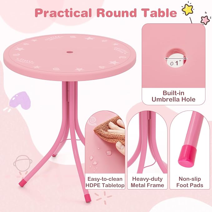 KOTEK Kids Picnic Table with Umbrella, Outdoor Table & 2 Folding Chairs, Cute Pattern Children’s Patio Furniture, Portable Kids Table and Chair Set for Backyard, Garden, Beach (Pink)