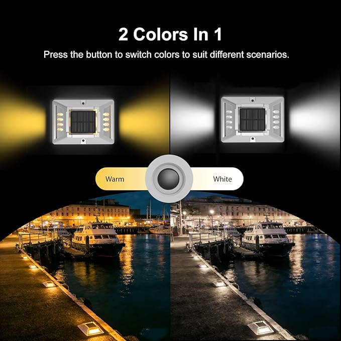 VATION LIGHTING Driveway Solar Dock Lights, 2 Colors Driveway Lights Solar Powered, IP67 Waterproof, Aluminum LED Outdoor Marker Deck Lights for Driveway, Pathway, White/Yellow, 12 Pack, FCC