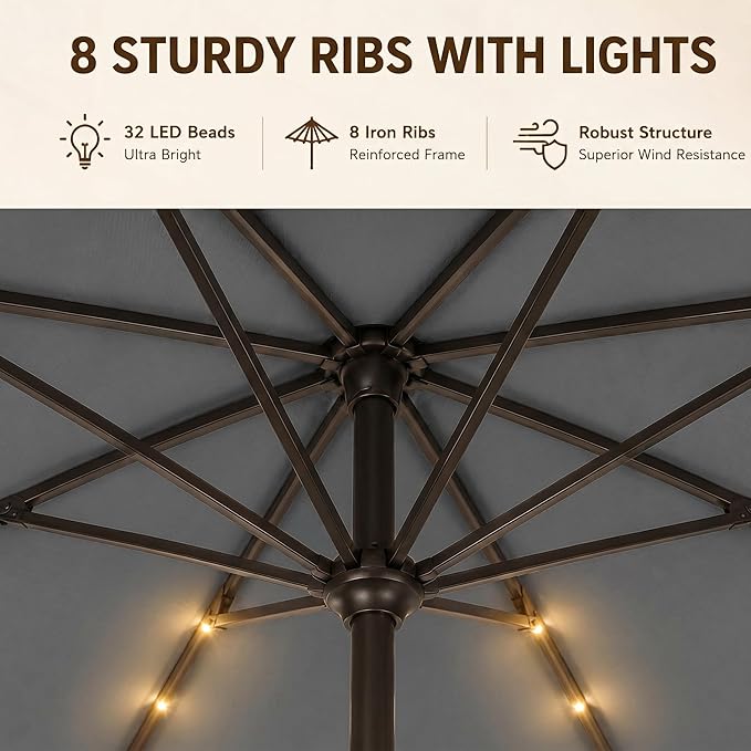 11FT Solar Lighted Patio Umbrella, Outdoor Table Market Umbrellas with Crank Lift, 32 LED Lights, 8 Sturdy Ribs, UV-Resistant for Deck, Garden, Pool