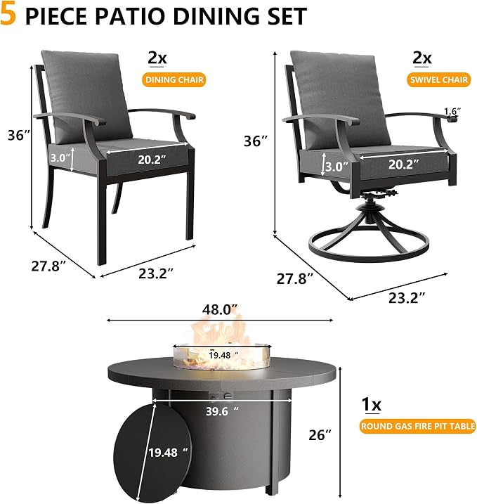 Kullavik 5 Piece Metal Outdoor Patio Furniture Set with Fire Pit Table,Outdoor Dining Table Set with 2 Fixed Chairs,2 Swivel Chairs and 55000 BTU Outdoor Round Fire Pit,Grey