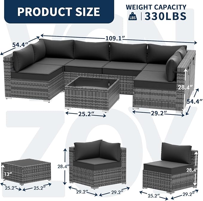 Outdoor Patio Furniture Set 7 Pieces Sectional Rattan Sofa Set, PE Wicker Patio Conversation Set with 6 Seat Cushions and 1 Tempered Glass Table and Furniture Cover, Black