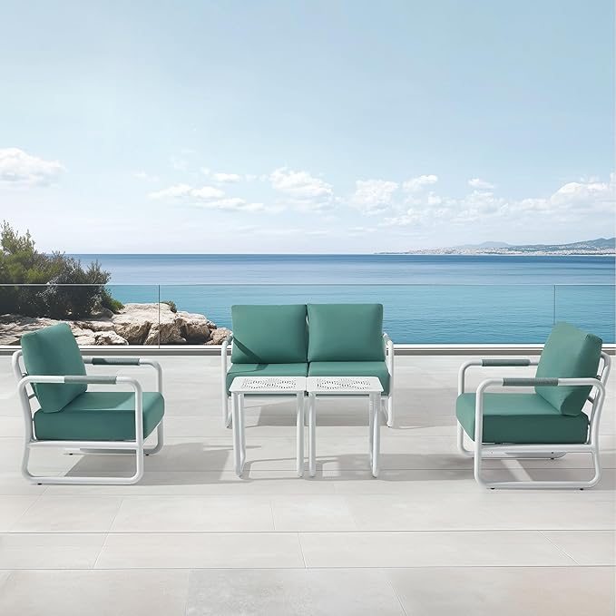 MBY Outdoor Aluminum Patio Furniture Set, 4-Seats Patio Conversation Sofa Set with 2 Coffee Table and Thickened Cushions, All Weather for Pool, Garden-White