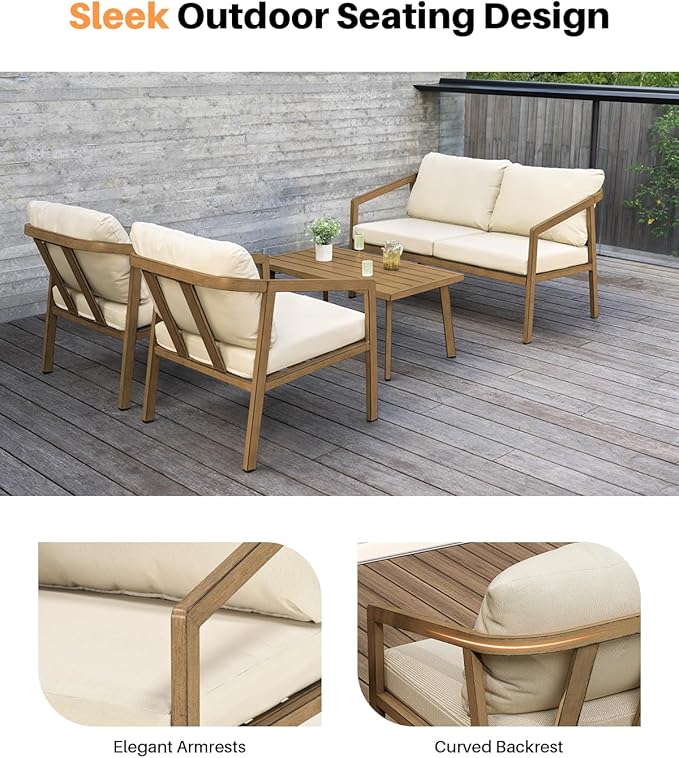 4 Pieces Outdoor Sofa Set, Never-Rust Aluminum Patio Conversation Set with Removable Cushions, Patio Furniture Set with Patio Loveseat, 2 Sofa Armchairs and Coffee Table for Pool, Deck, Teak