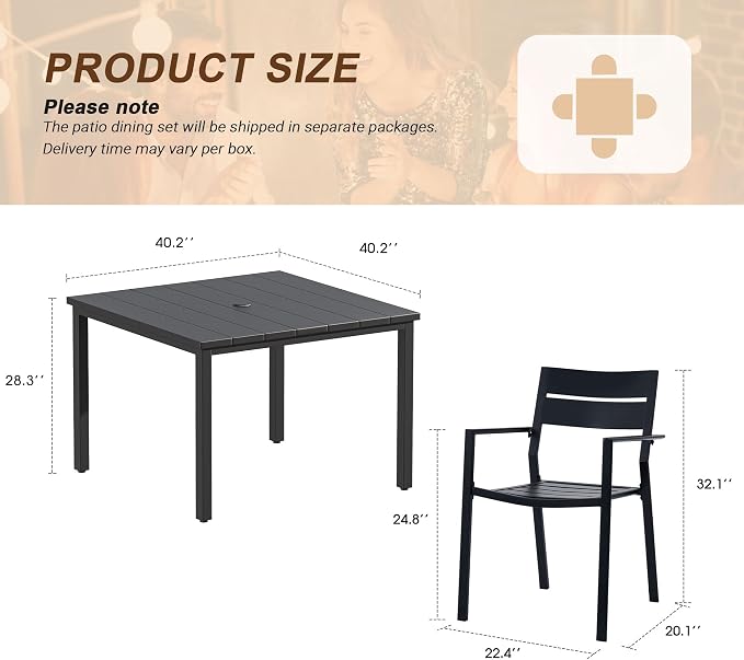 VICLLAX Patio 5 Pieces Outdoor Dining Set for 4, Wrought Iron Metal Outdoor Table and Chairs Set, 40" Square Table with Umbrella Hole and 4 Stackable Chairs for Lawn, Garden, Porch, Black
