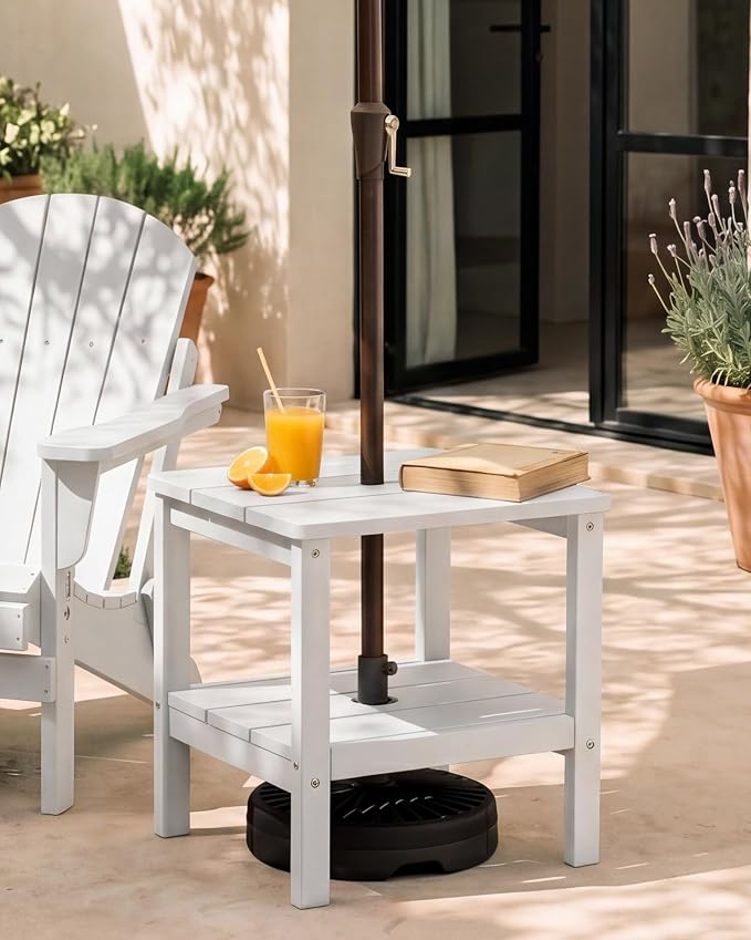 SERWALL Double Layer Adirondack Side Table with Umbrella Hole, HIPS Outdoor Side Table Rectangular End Tables for Patio, Poolside, Garden, White