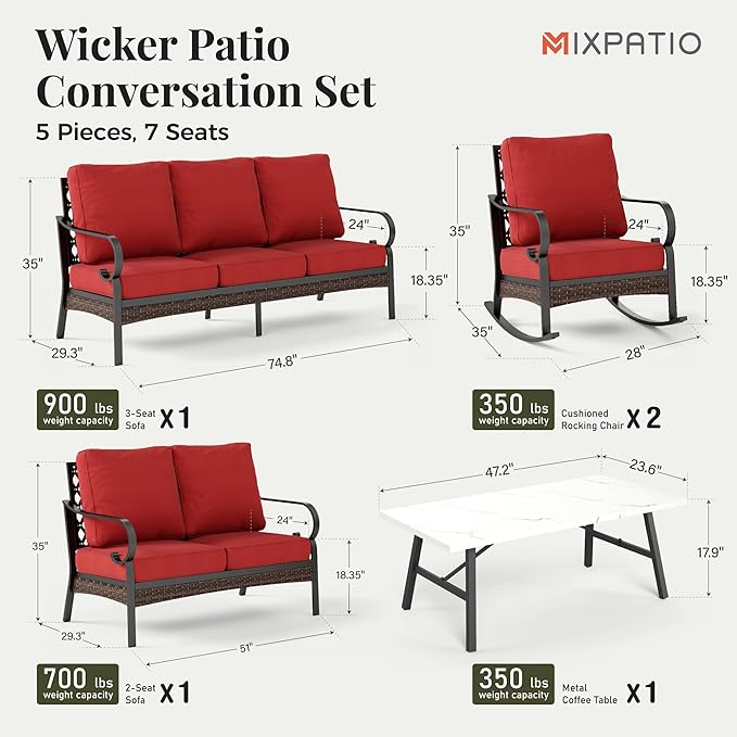 Patio Furniture Set with Coffee Table, Outdoor Conversation Set with 2 x Rocking Chairs, 1 x 2-Seat Sofa, 1 x 3-Seat Sofa for Lawn Garden Backyard, Red