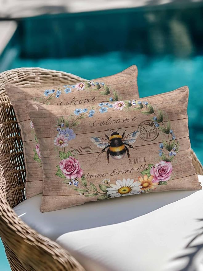 Outdoor Waterproof Throw Pillows Farmhouse Bee Flower Wreath Patio Pillows Pack of 2,Decorative Pillow Covers with Insert,Pillow Cushion Case for Garden Couch Sofa Farm Retro Wood Board