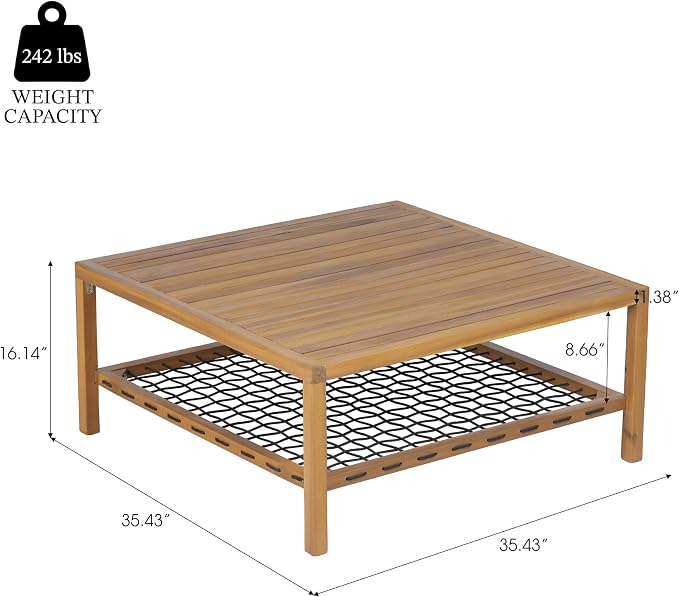 Christopher Knight Home Outdoor Acacia Wood Coffee Table with Woven Rope Storage Shelf Square Patio Coffee Table 35.43 Inch for Balcony Backyard Poolside Natural Wood Finish