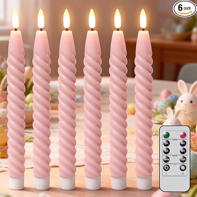 Pink Flameless Taper Candles Real Wax Flickering Pastel with Remote Timer, 3D Wick LED Spiral Candles Battery Operated 6 Pack 9.8 inch, Wedding Birthday Home Party Holiday Dinner Decor